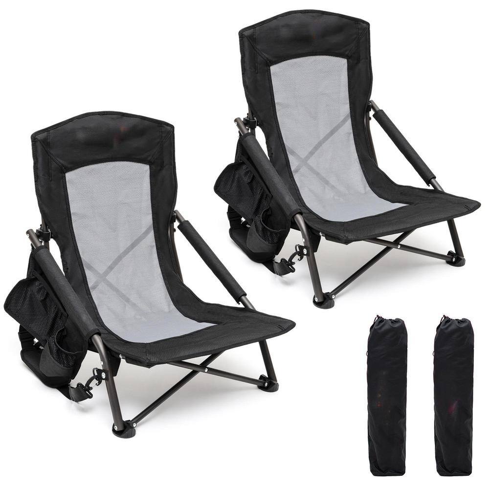 SunnyFeel Black Mesh Low Folding Camping Beach Chairs with Armrests, Set of 2