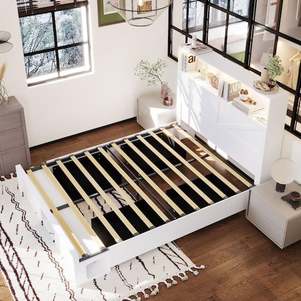 White Wooden Frame Queen Size Platform Bed, Panel Bed with 4 Large Drawers, 2 Open Shelves and Cat Tunnel