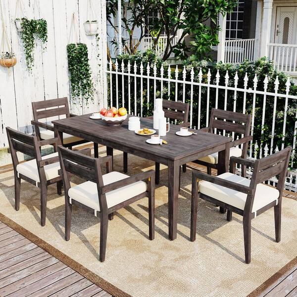 Gray 7-Piece Acacia Wood Outdoor Dining Set with Cushions, Modern 6 Chairs and 1 Large Table