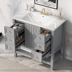 36 in. W x 18 in. D x 34.1 in. H Single Sink Bath Vanity in Gray with White Ceramic Top, 3 Drawers and Open Shelf