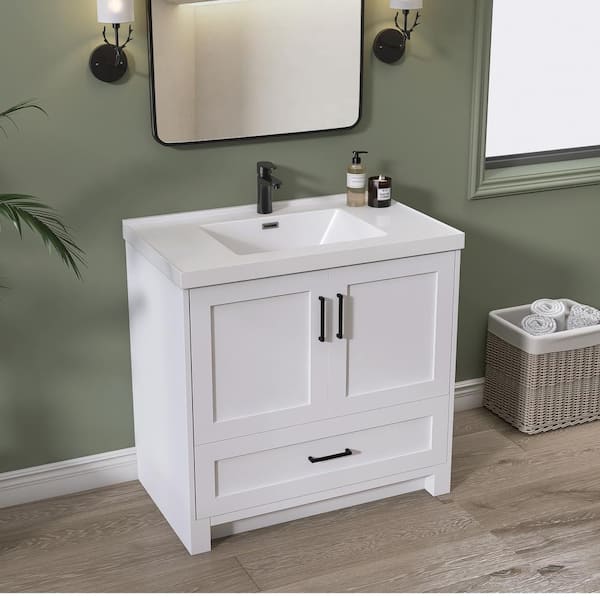 Solid Wood Bathroom Vanity Cabinet and 36 in. W x 22.5 in. D x 35.5 in. H with Basin Solid Surface Top in White
