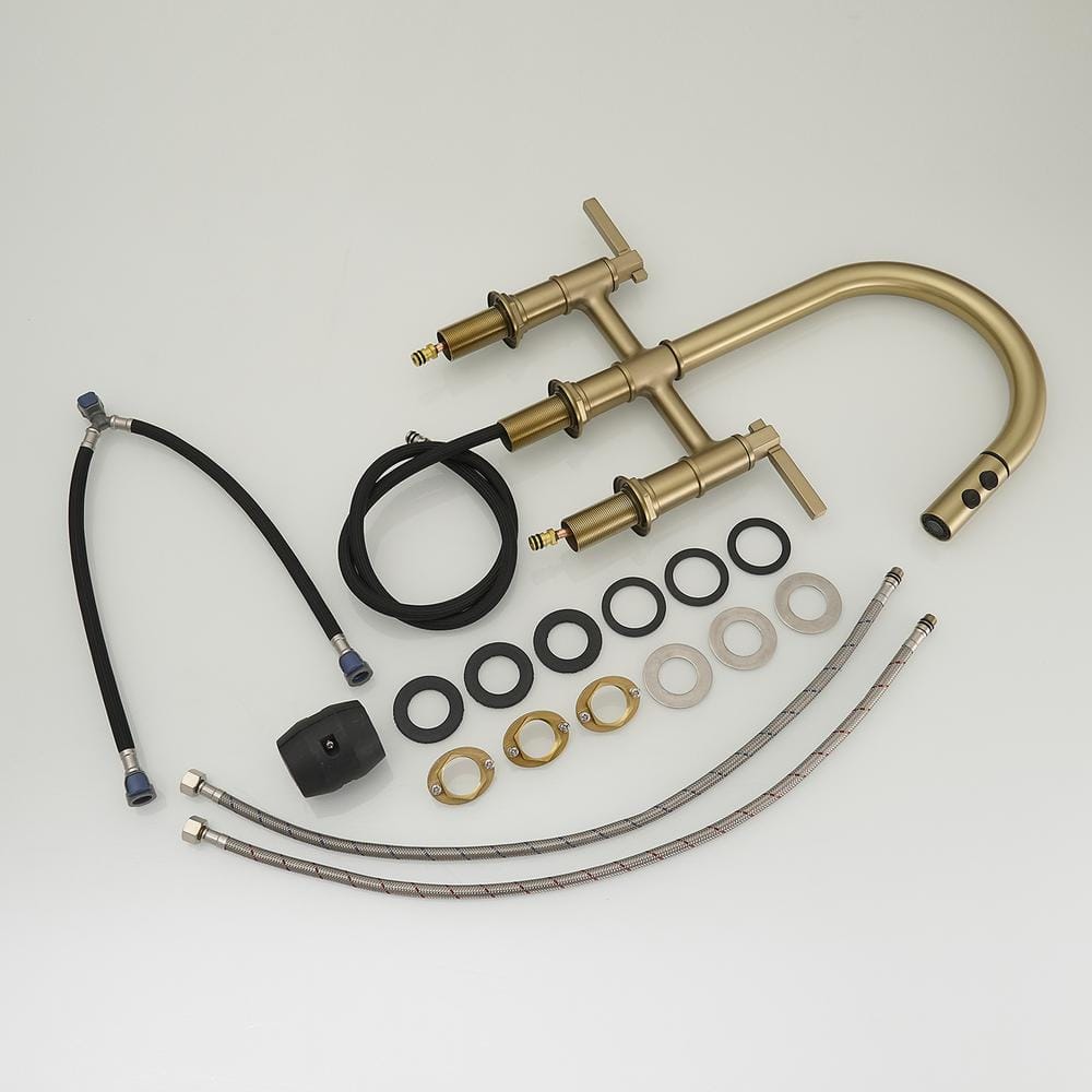 Brushed Gold Double Handle Bridge Kitchen Faucet with 360 Degree Swivel Spout