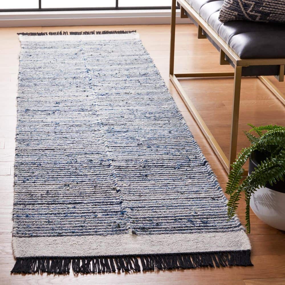 Blue and Ivory Flat Woven Wool Cotton Runner Rug