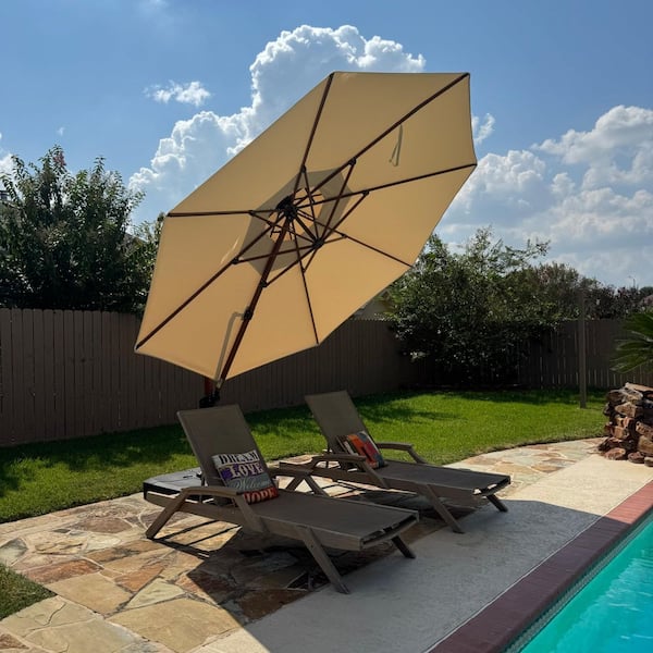 12 ft wood patio umbrella PURPLE LEAF 12 ft. Octagon WindProof High-Quality Wood Pattern Aluminum Cantilever Patio Umbrella in Beige with Stand