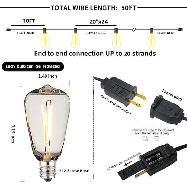 WYZM Outdoor String Lights 25 Shatterproof Bulbs 50 ft. IP65 Weatherproof  for Outside, Patio, Backyard E12-I - The Home Depot