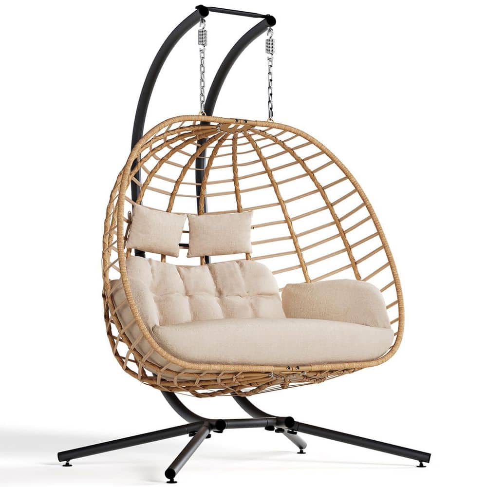 Double Egg Swing Chair with Stand, 2 Person Wicker Hanging Hammock Chair with Cushion for Garden Indoor Use, Beige