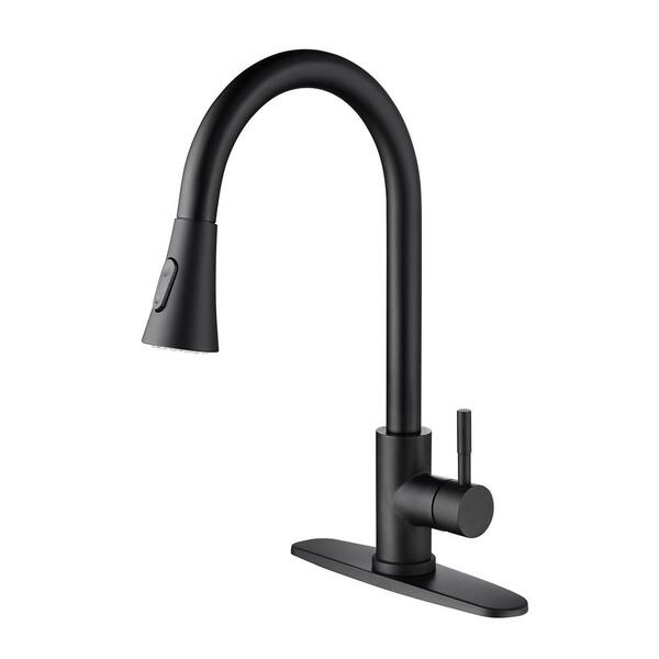 HOMEMYSTIQUE Single Handle Pull Down Sprayer Kitchen Faucet Deckplate Included in Matte black