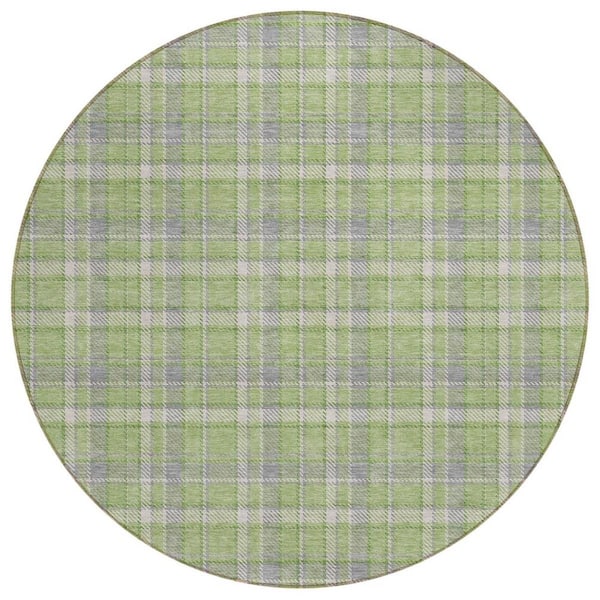 Green and Gray 8 ft. Round Woven Plaid Round Indoor/Outdoor Area Rug