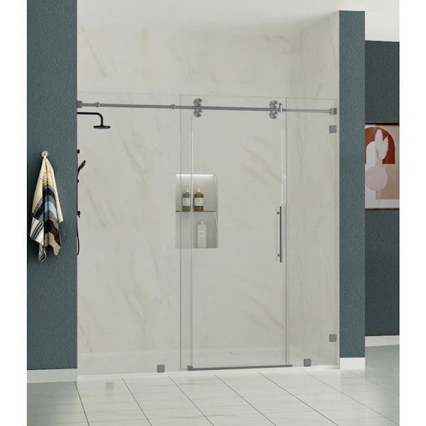 RadianceXL 87 to 90 in. W x 76 in. H Single Sliding Frameless Shower Door in Brushed Nickel with 3/8" Clear Glass