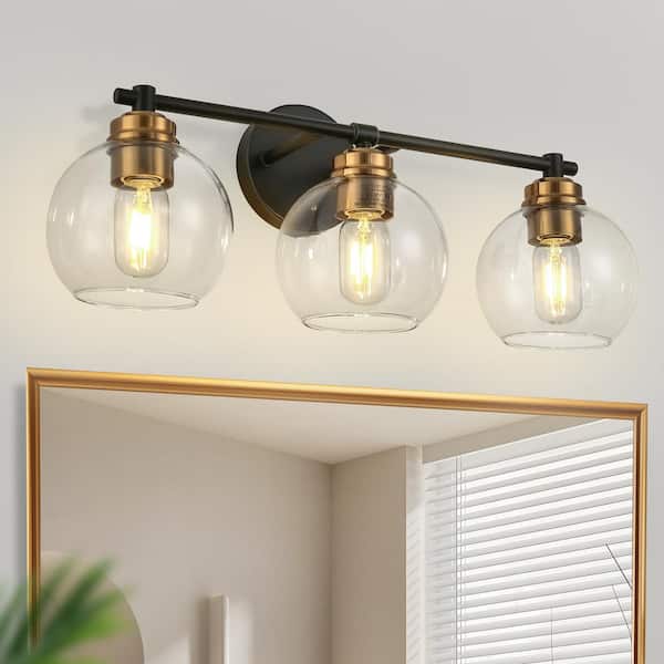 22 in. 3-Light Matte Black and Gold Bathroom Vanity Light with Clear Glass Cylinder Shades, Modern Farmhouse Wall Sconce