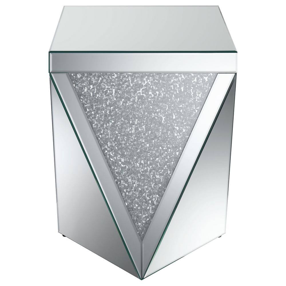 Contemporary Silver Mirrored Square End Table with Triangular Detailing