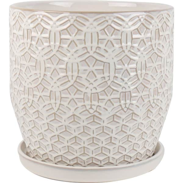 12 in. Finley Large Ceramic Planter (12 in. D x 12 in. H) with Attached Saucer Ivory Decorative Pot