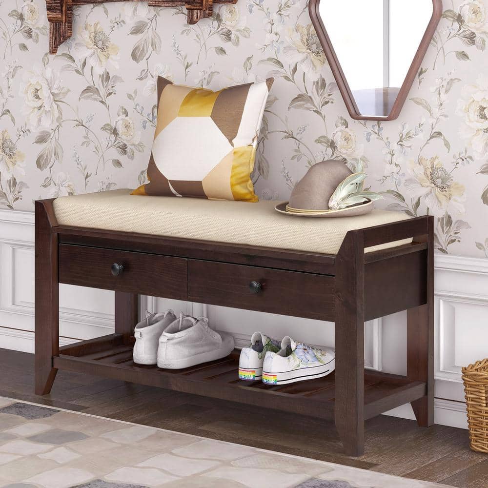 Espresso Entryway Wood Storage Bench Shoe Rack 39"L x 14"W x 19.8"H with Cushioned Seat, 2 Drawers and Bottom Shelf