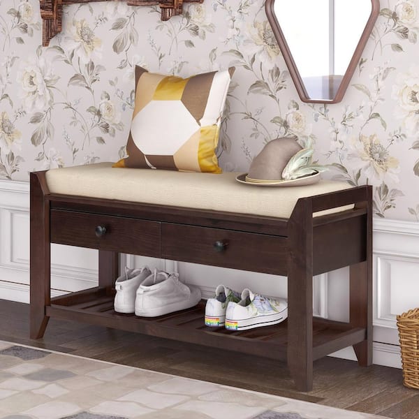 Espresso Entryway Wood Storage Bench Shoe Rack 39"L x 14"W x 19.8"H with Cushioned Seat, 2 Drawers and Bottom Shelf