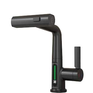 Pull-Out Lift LED Digital Display Single Hole Single Handle Bathroom Faucet with Adjustable Height in Matte Black