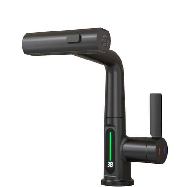 Unbranded Pull-Out Lift LED Digital Display Single Hole Single Handle Bathroom Faucet with Adjustable Height in Matte Black