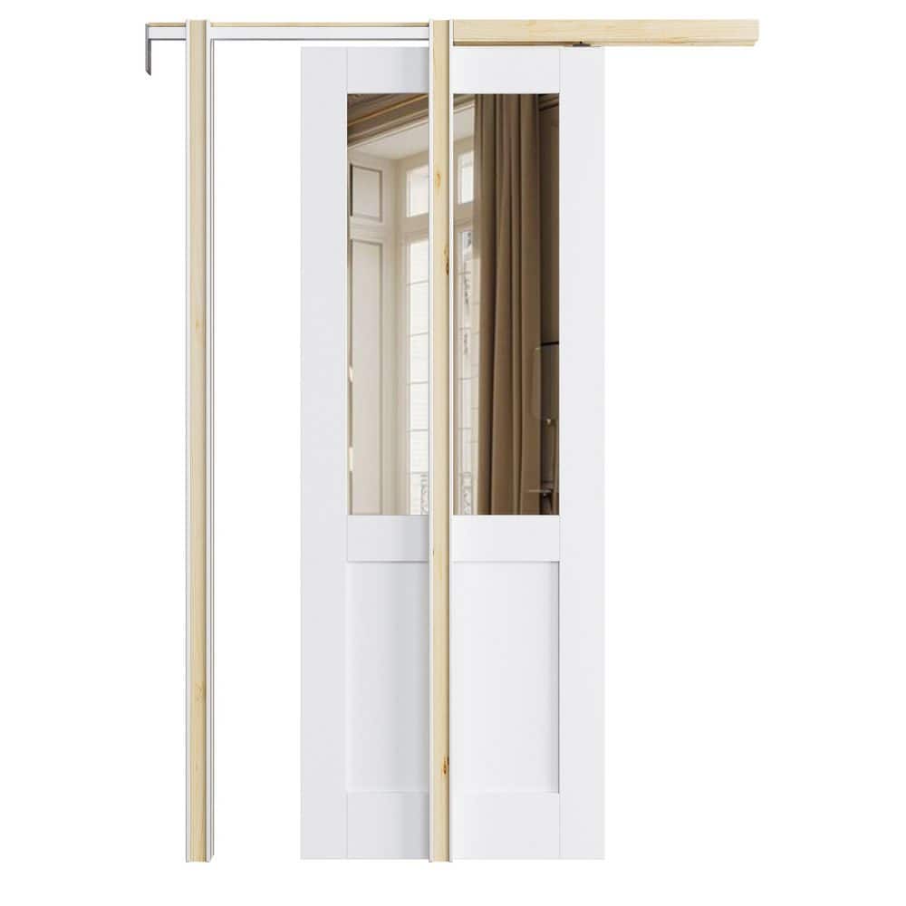 28 in. x 80 in. Half Lite Mirrored Glass White Primed MDF Wood Pocket Sliding Door with Hardware Kit price history on PriceWatchPro
