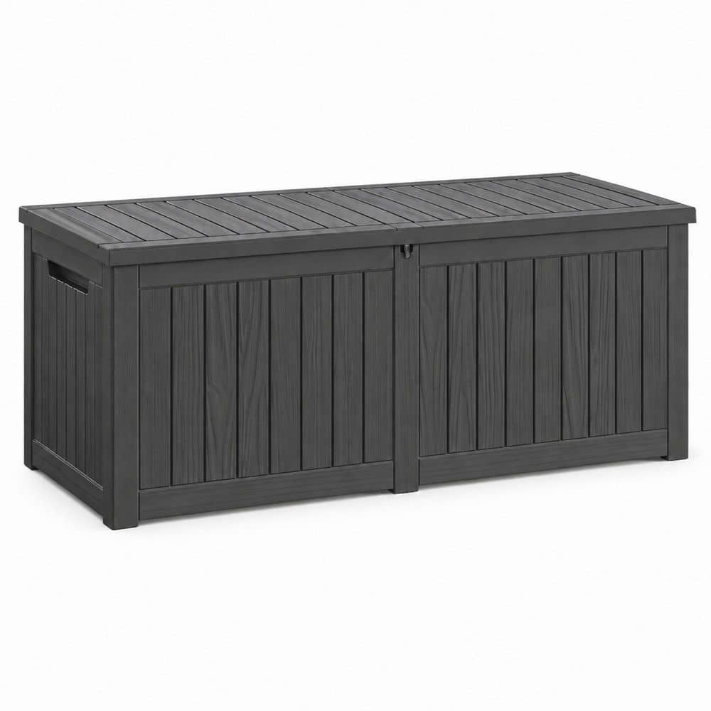 245 Gal. Extra Large Black Wood Grain Resin Deck Box with Gas Strut Lid Lockable Weather Resistant Outdoor Storage