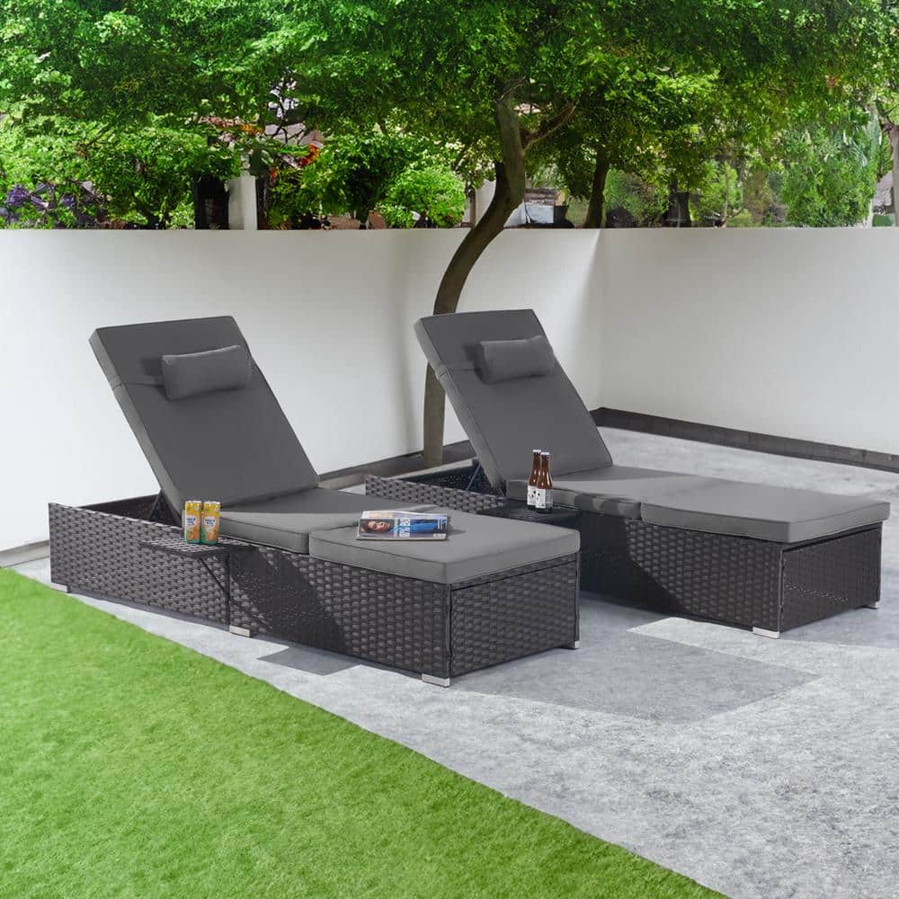 2-Piece Patio Outdoor Chaise Lounge Chairs, Brown Rattan Reclining Chair Po