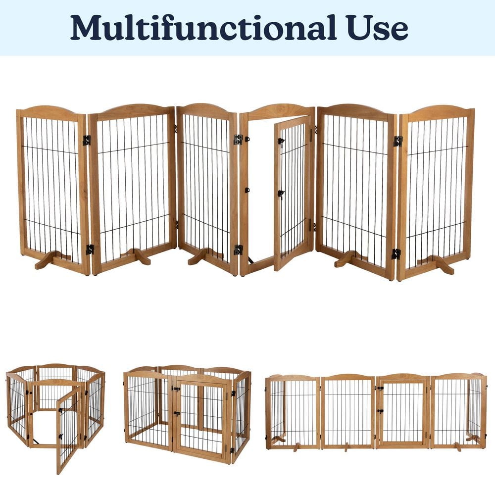 Natural Wood and Metal Freestanding Pet Gate, 132.5x31.5-Inch