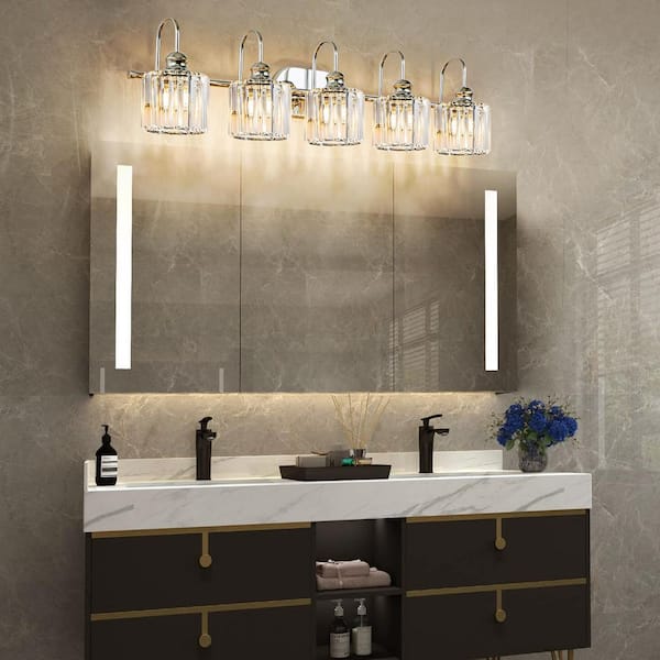 Avenlur 37.4 in. 5-Light Glam Chrome Crystal Bathroom Vanity Light Over Mirror Dimmable Linear Luxury Wall Light