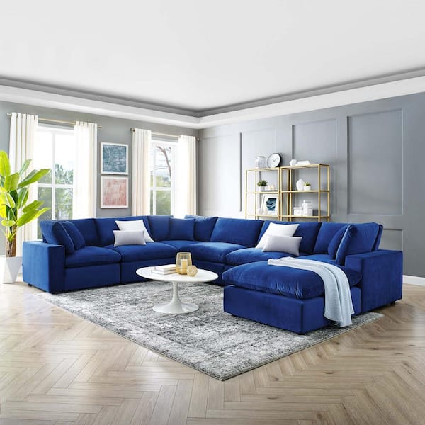 MODWAY Commix 158 in. Down Filled Overstuffed Performance Velvet 7 Piece Sectional Sofa in Navy EEI 4825 NAV The Home Depot