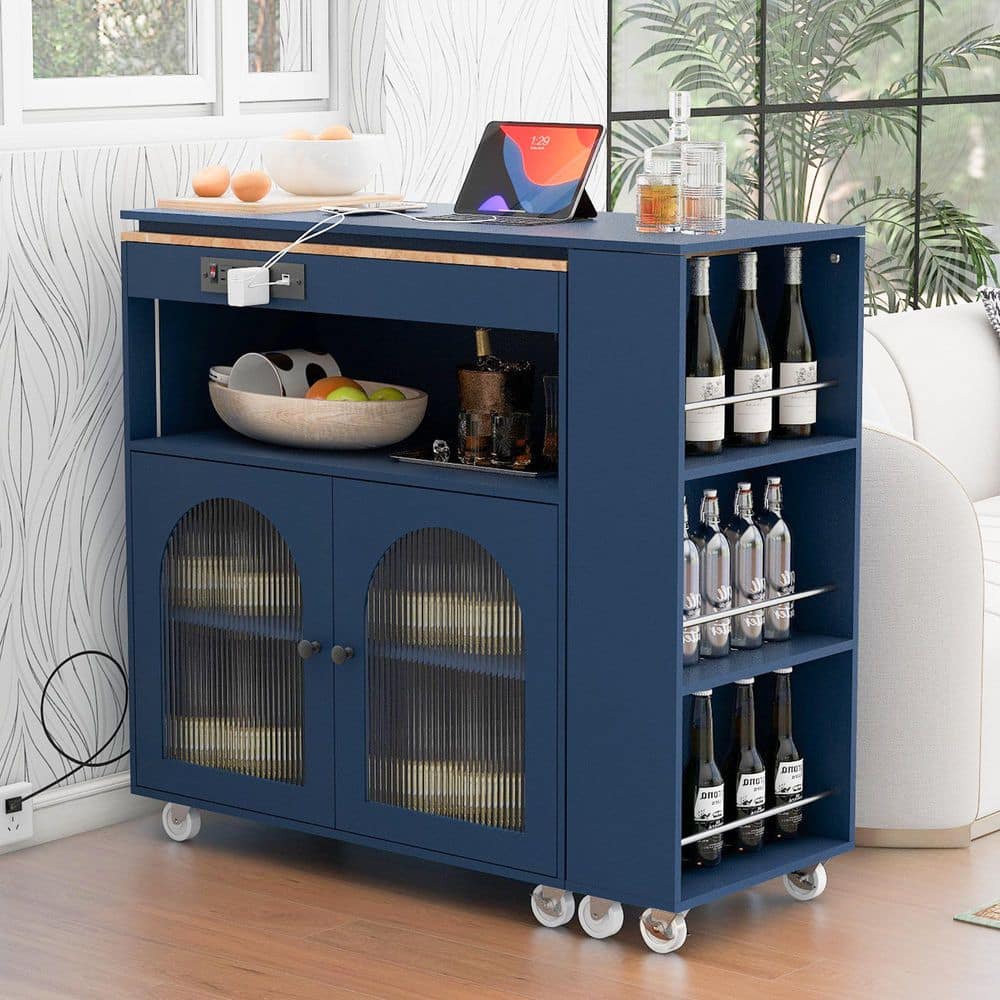 Ziyudura Blue Wood 33 in. Kitchen Island with Extended Table, LED