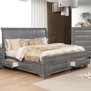 Liam Gray Wood Frame King Platform Bed with Footboard Drawers