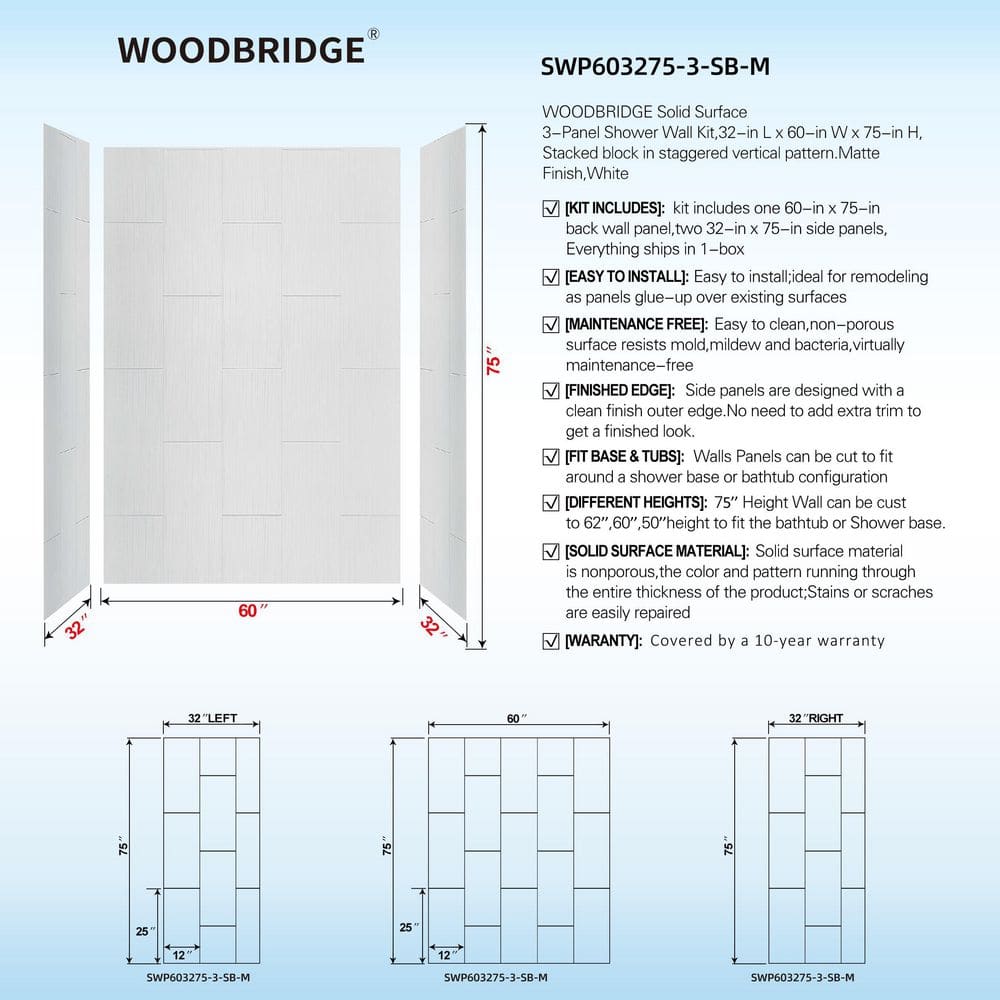 Matte White Composite Alcove Shower Wall Panels, 75" H x 60" W