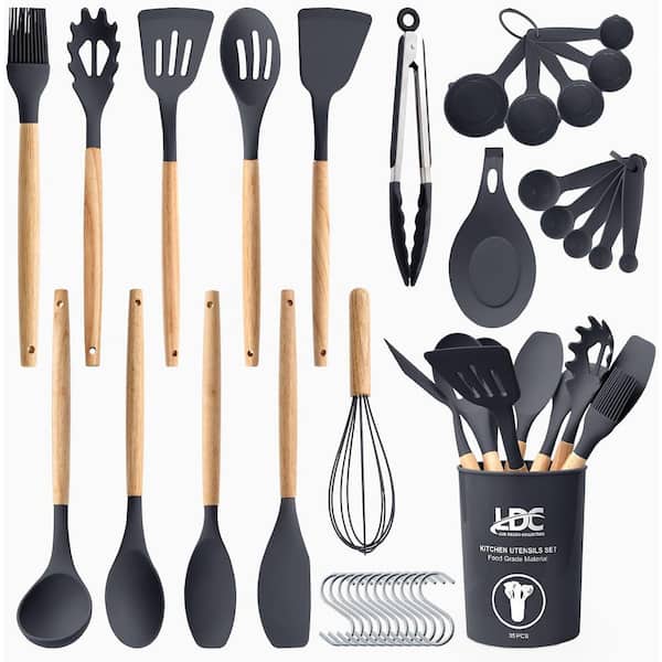 35-Piece Grey Silicone Heat-Resistant Cooking Utensil Set for Nonstick Cookware