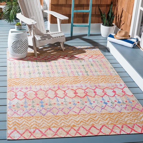 Summer Gold/Blue 9 ft. x 12 ft. Striped Ikat Tribal Indoor/Outdoor Area Rug