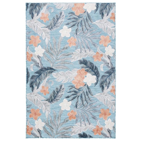 Cabana Blue/Gray 6 ft. x 10 ft. High-Low Leaf Floral Indoor/Outdoor Area Rug