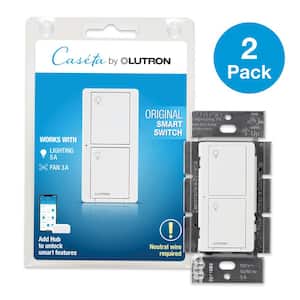 Caseta Smart Switch for All Bulb Types or Fans, 5A, Neutral Wire Required, White (PD-5ANS-WH-R-2) (2-Pack)