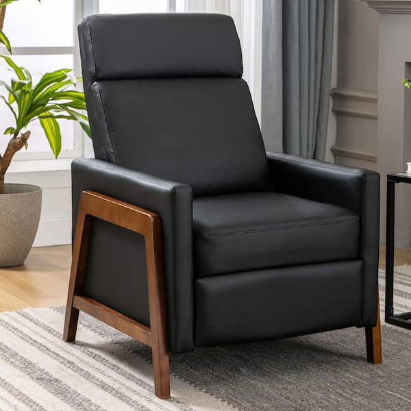 Polibi Modern Black Wood-Framed PU Leather Adjustable Home Theater Push Back Recliner with Thick Seat Cushion and Backrest