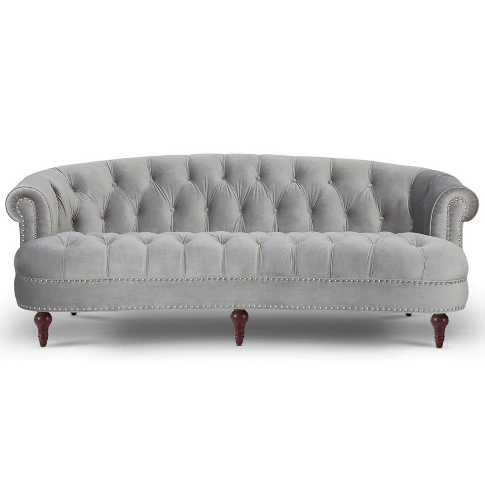 Opal Grey Velvet Chesterfield Sofa with Nailhead Accents and Wood Frame