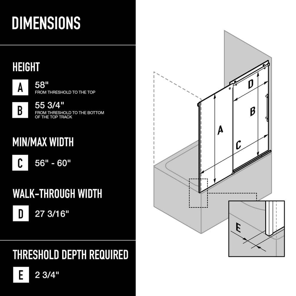 Luca 60" Frameless Sliding Tub Door with Clear Glass