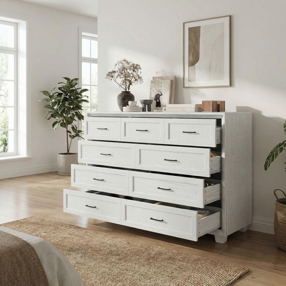 FUFU&GAGA White 9 Drawer 60 in. Dresser with Spacious Top, Metal