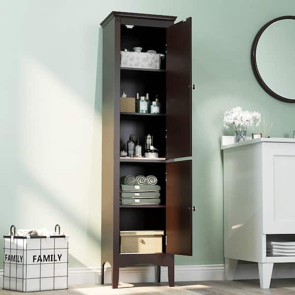 15 in. W x 13 in. D x 63 in. H Tall Brown Wood Bathroom Floor Linen Cabinet with 2 Doors and Adjustable Shelf