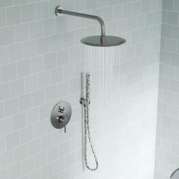 2-Handle 10 in. Round 2.5 GPM Wall Mount 2-Spray Tub and Shower Faucet in Pressure Balance Brushed Nickel Valve Include