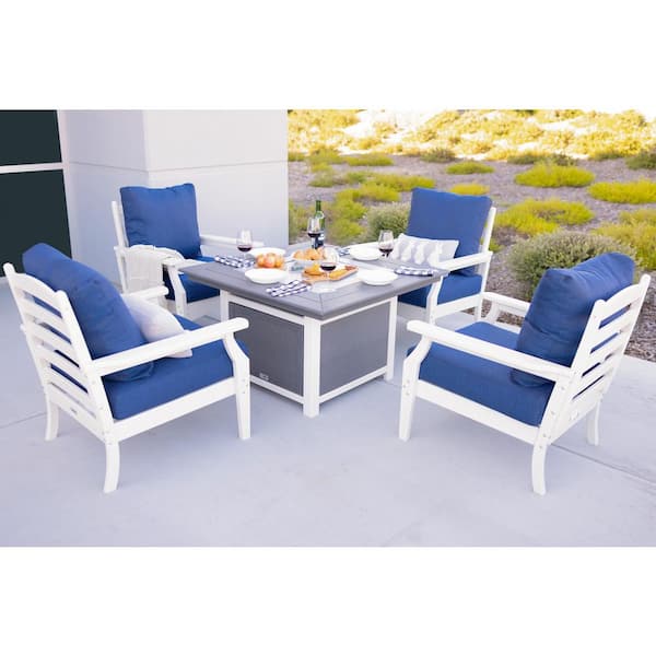 LuXeo Park City 2-Tone Gray Square Firepit, 5-Piece Plastic Patio Conversation Set with 4 White Aspen Chairs - Navy Cushions