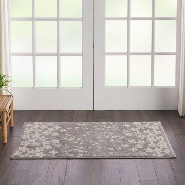 Tranquil Grey/Beige doormat 2 ft. x 4 ft. Floral Modern Kitchen Area Rug