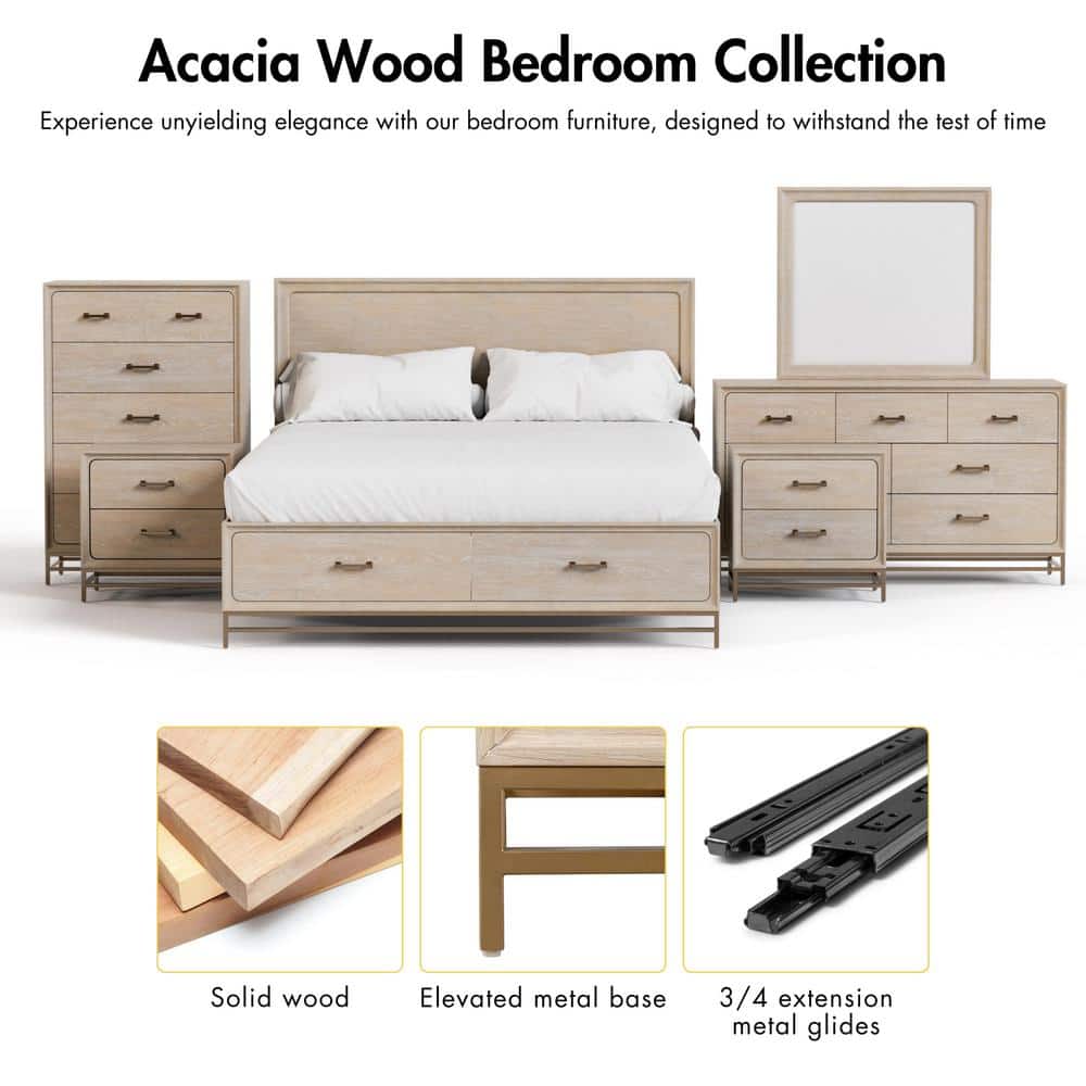 Oak and Metal 2-Drawer Nightstand with Brass Handles