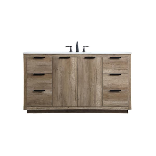 60 in. W x 22 in. D x 34 in. H Bath Vanity in Natural Oak with White Engineered Marble Top