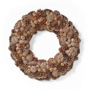 18.5 in. Natural Brown and Champagne Glitter Unlit Artificial Christmas Wreath with Pine Cones