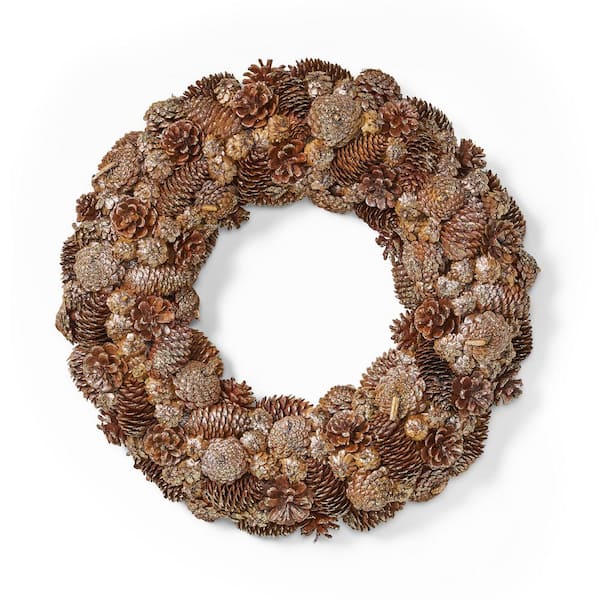 Noble House 18.5 in. Natural Brown and Champagne Glitter Unlit Artificial Christmas Wreath with Pine Cones