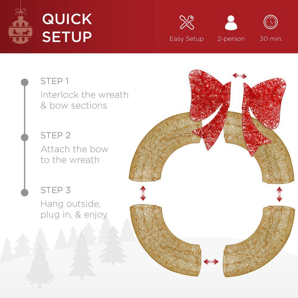 48-Inch Gold and Red Pre-Lit Outdoor Christmas Wreath with LED Lights