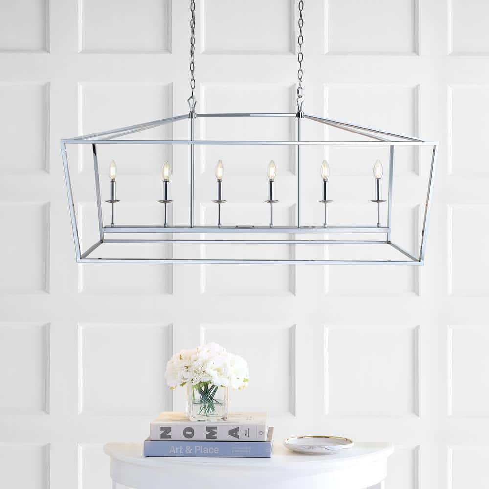Pagoda-Inspired Chrome 49" Linear LED Pendant with 6 Candle Bulbs
