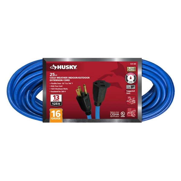 Husky 25 ft. 16/3 Medium Duty Cold Weather Indoor/Outdoor Extension Cord, Blue