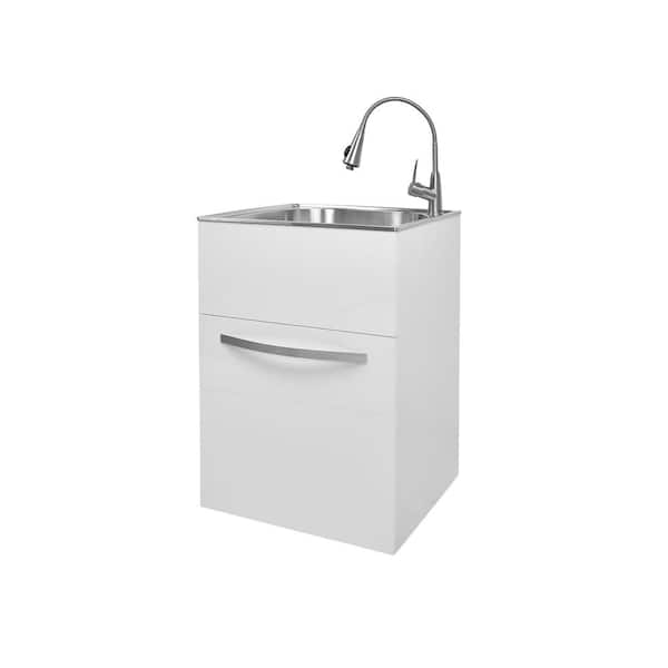 Glacier Bay All-in-One 24.2 in. x 21.3 in. x 33.8 in. Stainless Steel Utility Sink and Large White Drawer Cabinet