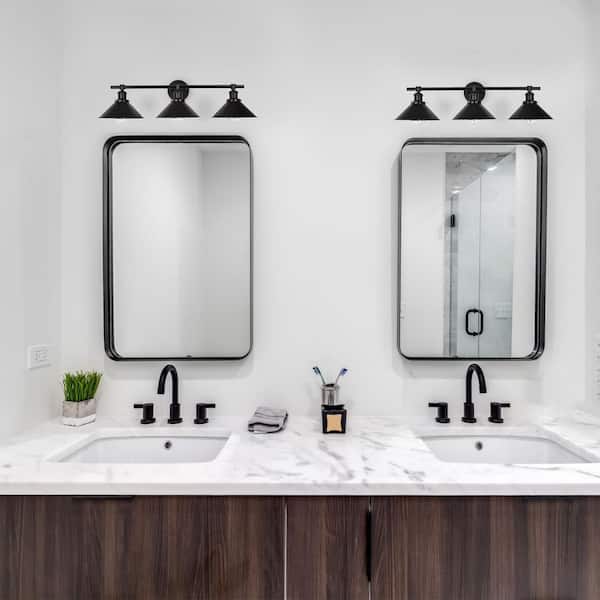 Modern Industrial 30.31 in. 3-Light Matte Black Dimmable Vanity Light with Wide Cone Shade.